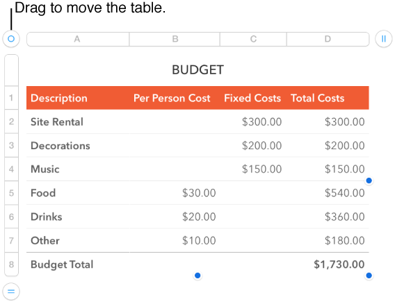 Drag the table handle to move it.