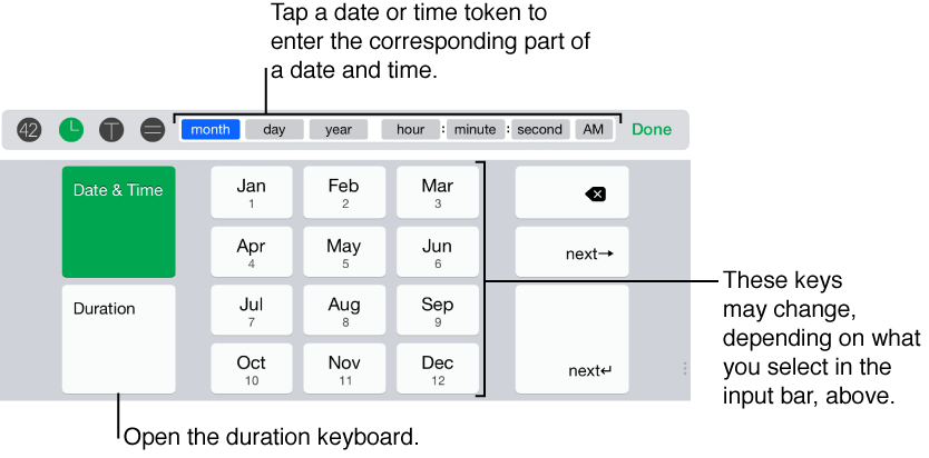Tap date or time token to enter corresponding part of date or time.