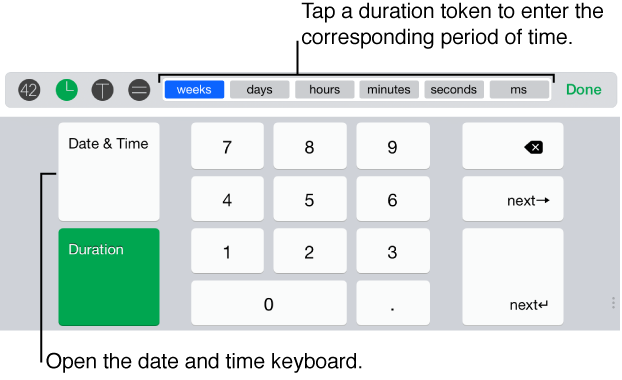 Tap duration token to enter corresponding period of time