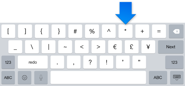 Symbol keyboard with asterisk key highlighted