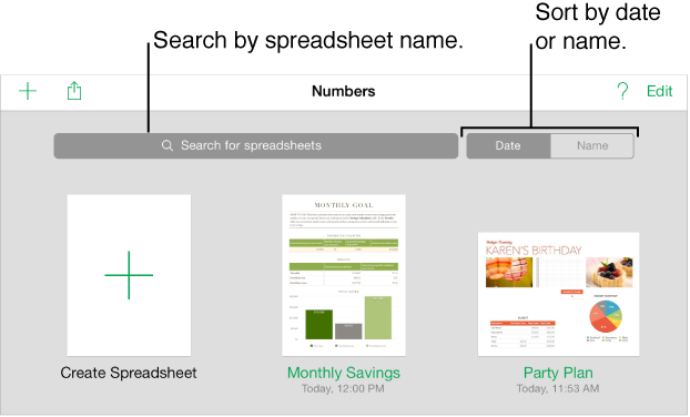 Date button on left, Name button on right at top of spreadsheet manager