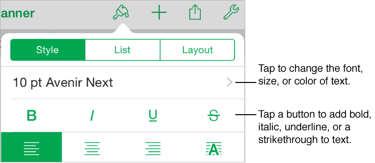 Controls for choosing text style in Style pane of Format inspector