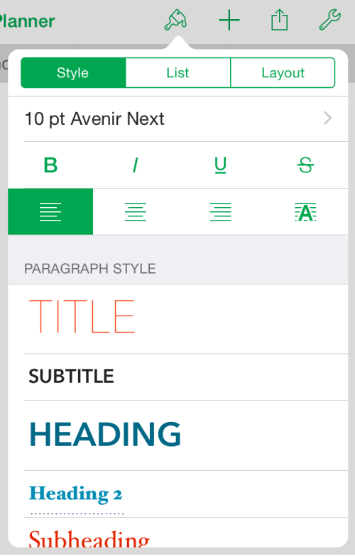 Paragraph styles in the Text pane of Format inspector