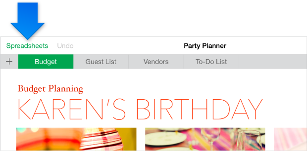 Toolbar with spreadsheets button