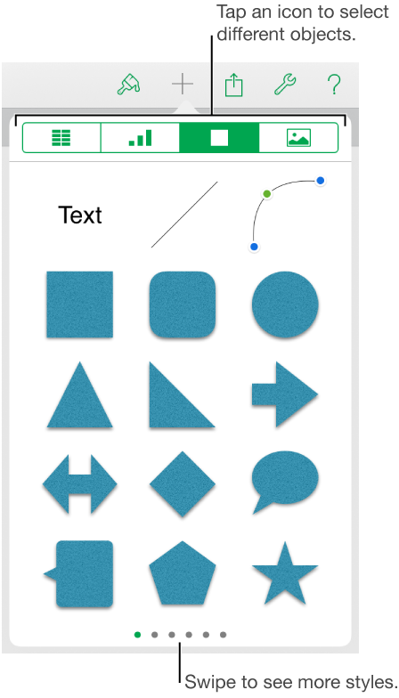 Popover for adding an object, with buttons at the top to choose tables, charts, shapes (including lines and text boxes), and media