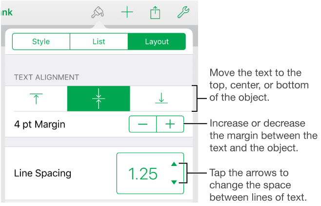 The Layout section of the Format inspector with callouts to the text alignment and spacing buttons