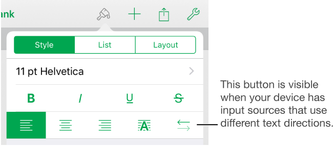 The Style section of the Format button with a callout to the bidirectional button