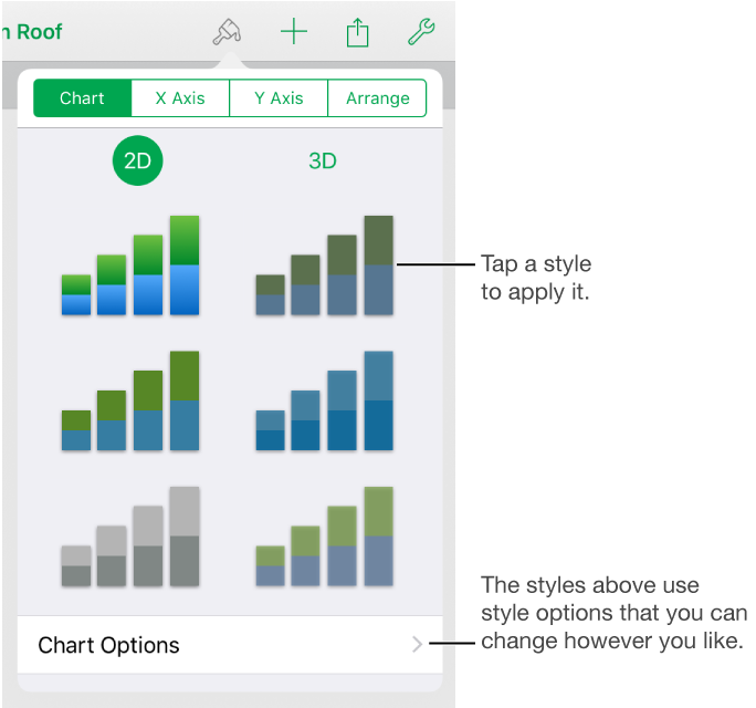 The Chart pane of the Format button with chart styles at the top and the Chart Options button at the bottom