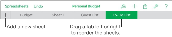 The tab bar for adding a new sheet, navigating, reordering, and reorganizing sheets