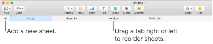 The tab bar for adding a new sheet and reorganizing sheets
