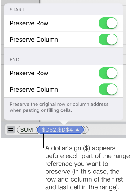 The dialog box for specifying which of a cell's row and column references should be preserved if the cell is moved or copied