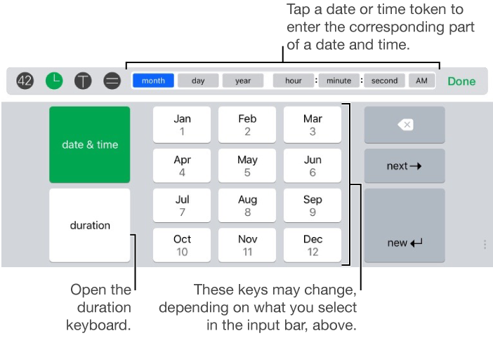 Tap date or time token to enter corresponding part of date or time.