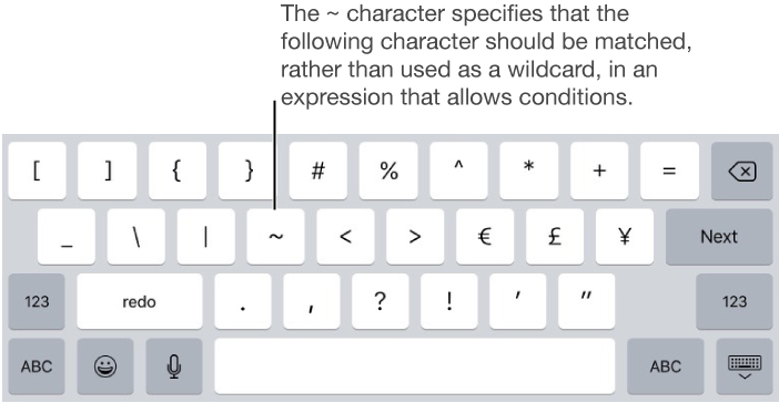 Symbol keyboard with tilde key highlighted