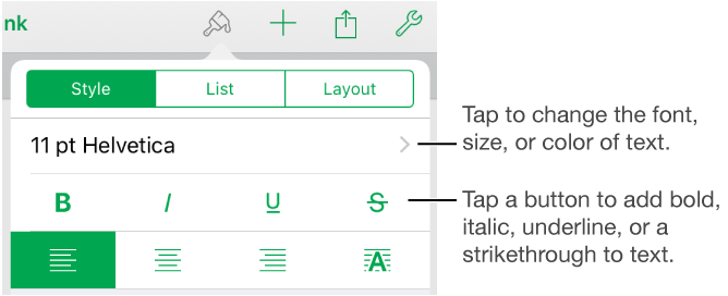 Font controls in the  Style pane of the Format button