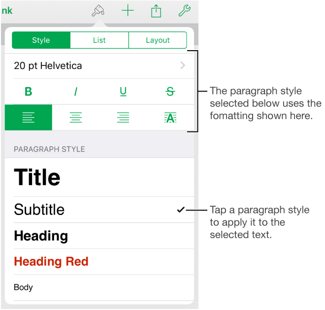 Paragraph styles in the Text pane of Format inspector