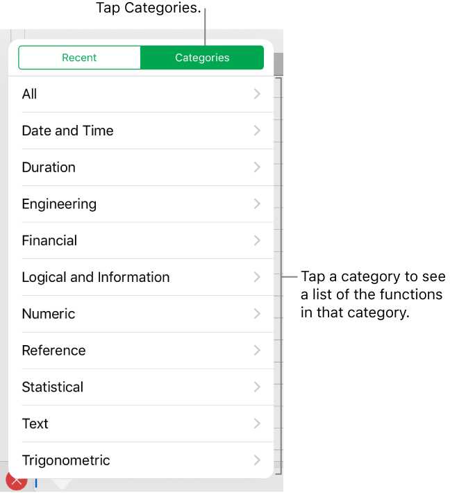 The Functions Browser with a callout to the Categories button and the list of categories.