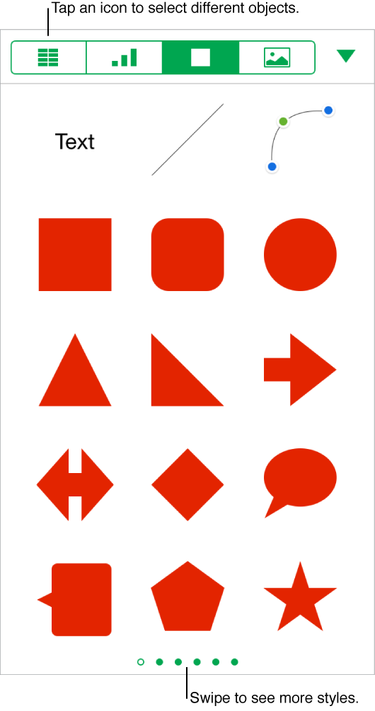 Style pane of Format inspector, showing predesigned objects and controls for modifying objects.