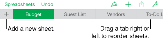 Tab bar for adding a new sheet, navigating, reordering, and reorganizing sheets