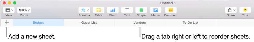 Tab bar for adding a new sheet and reorganizing sheets