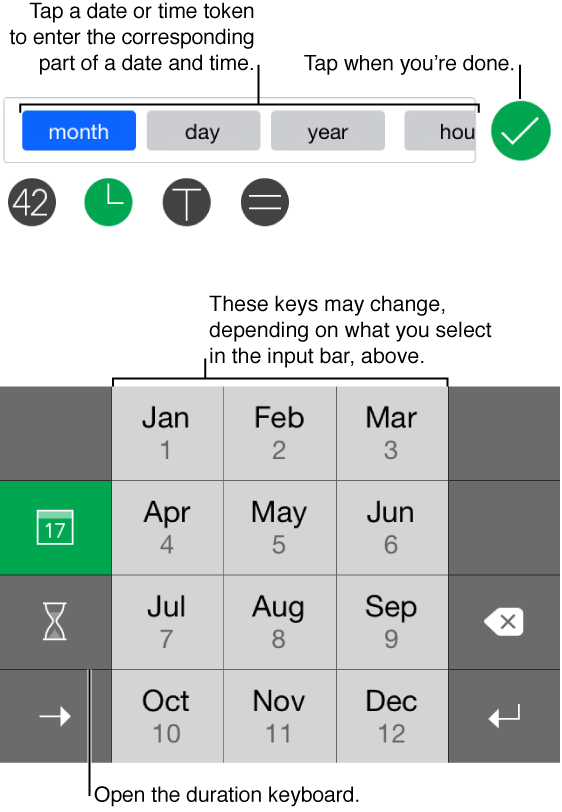 Tap date or time token to enter corresponding part of date or time.