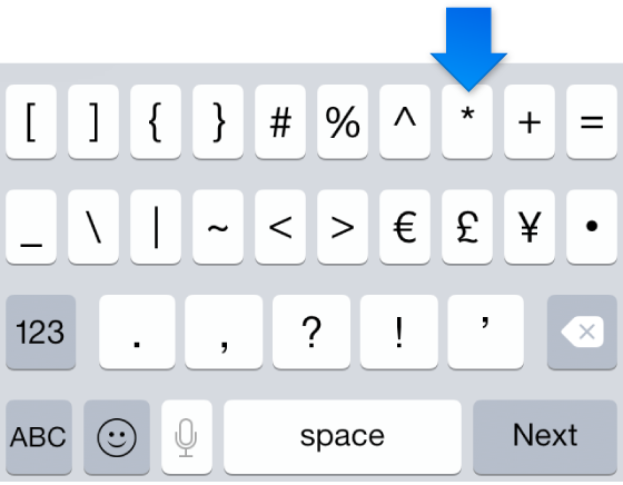 Symbol keyboard with asterisk key highlighted