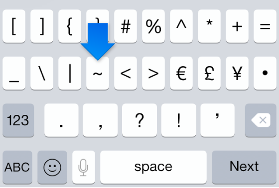 Symbol keyboard with tilde key highlighted