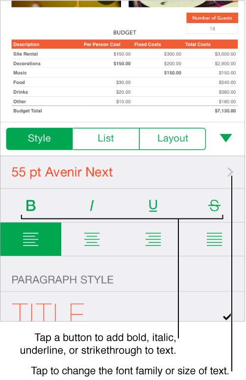 Controls for choosing text style in Style pane of Format inspector