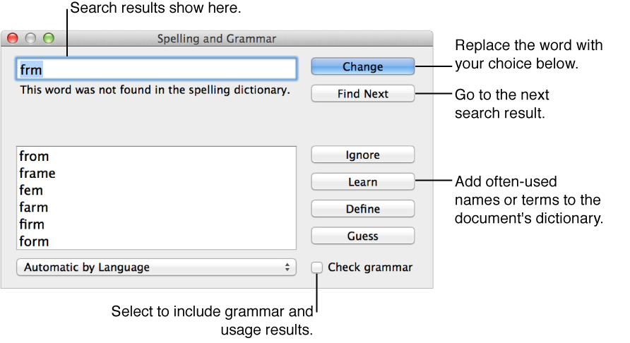 Spelling and Grammar window