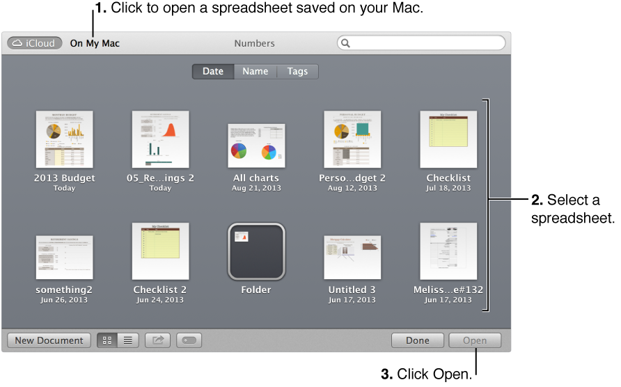 Open window showing spreadsheets in iCloud