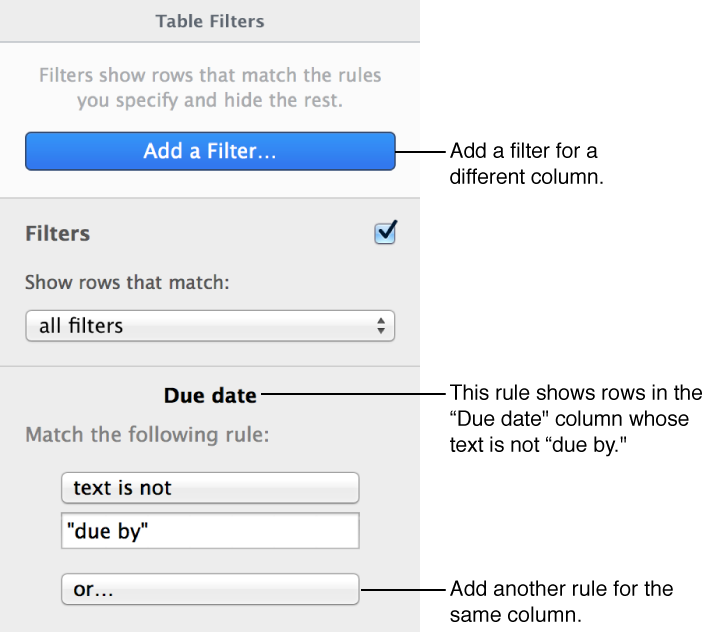 Controls for creating filtering rules