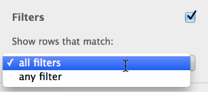 Pop-up menu to choose between showing rows that match all filters or any filers