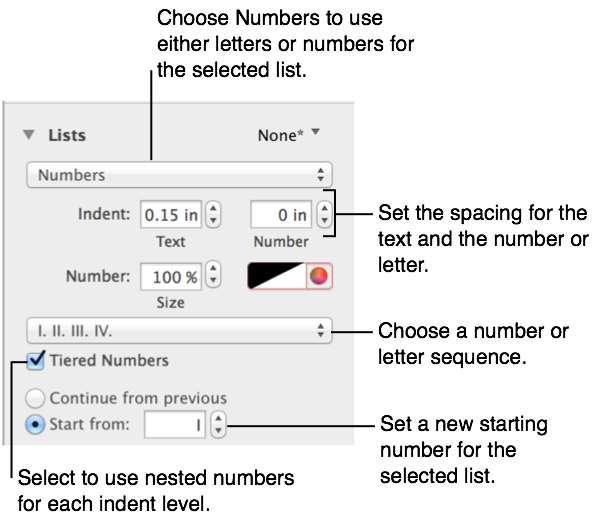 Controls for changing number style and spacing of list
