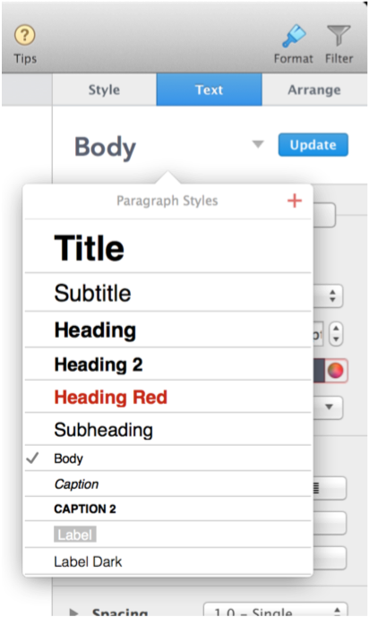 Paragraph styles in the Text pane of Format inspector
