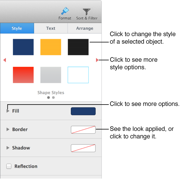 Style pane of Format inspector, showing predesigned objects and controls for modifying objects.