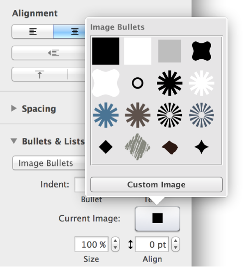Image Bullets pop-up menu.