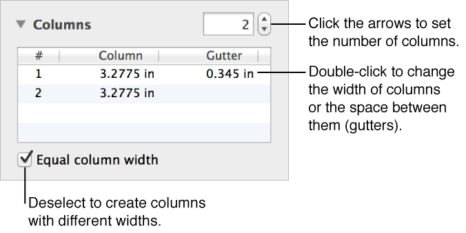Controls in the columns section for changing the number of columns and the width of each column