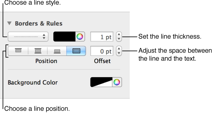 Controls to change the line style, thickness, position, and color.