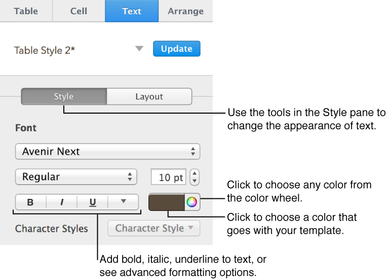 Controls for choosing a font style