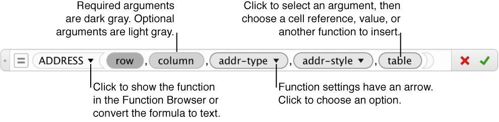 Click to select an argument in formula editor, then choose a cell reference, value, or insert function