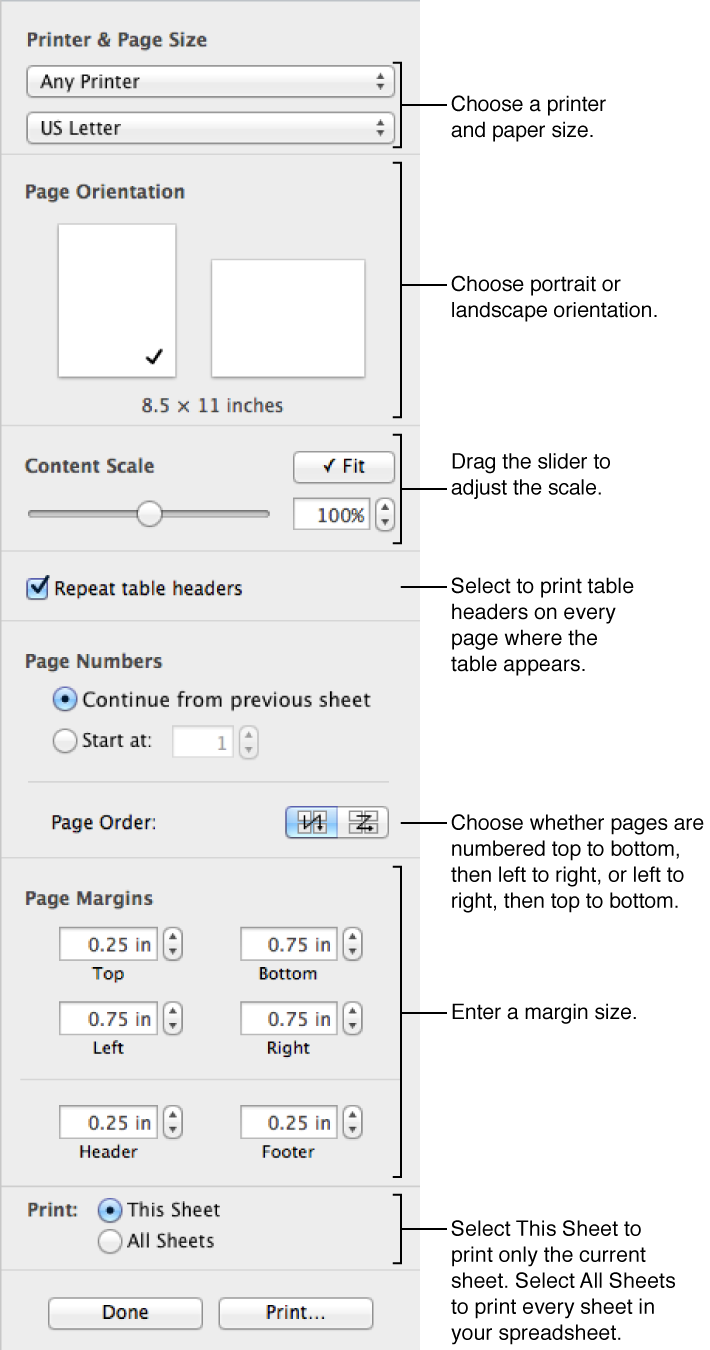 Use the controls in the Print Setup pane to format your spreadsheet for printing