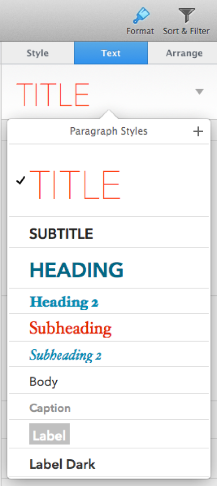 Paragraph styles in the Text pane of Format inspector