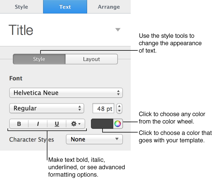 Controls for choosing text style in Text pane of Format inspector