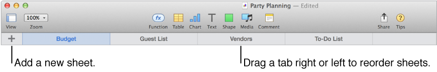 Tab bar for adding a new sheet and reorganizing sheets