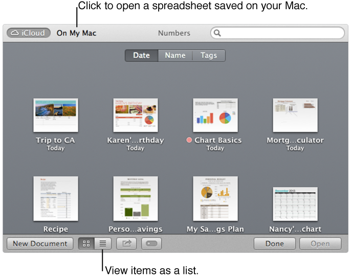 Open window showing spreadsheets in iCloud