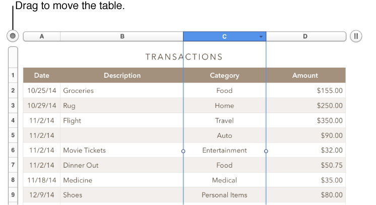 Drag the table handle to move it.