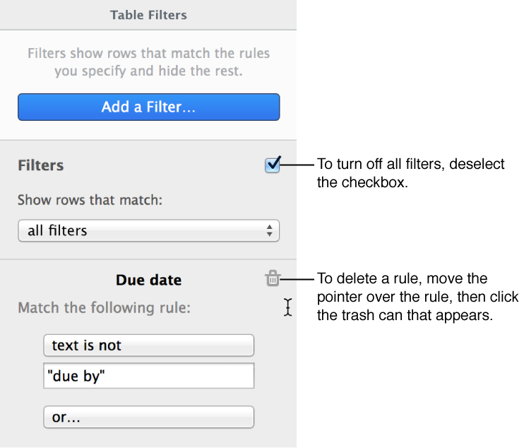 Controls for deleting a filter or turning off all filters
