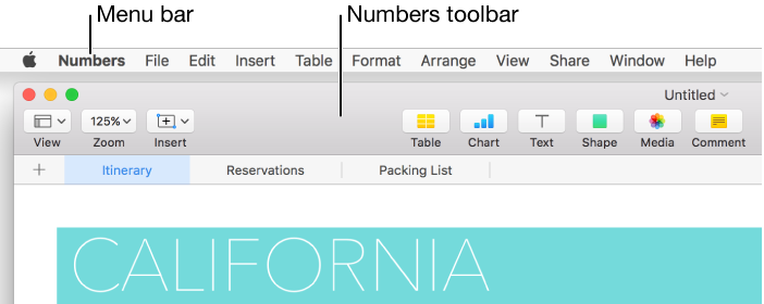 The Numbers toolbar with buttons for viewing options, adding formulas, objects, and comments, sharing with collaborators, showing tips, and opening Format and Sort & Filter sidebars.