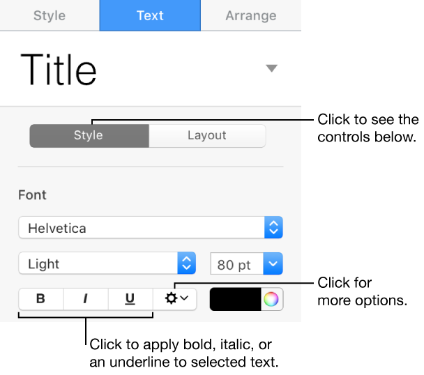 The Style controls in the sidebar with callouts to the Bold, Italic, and Underline buttons