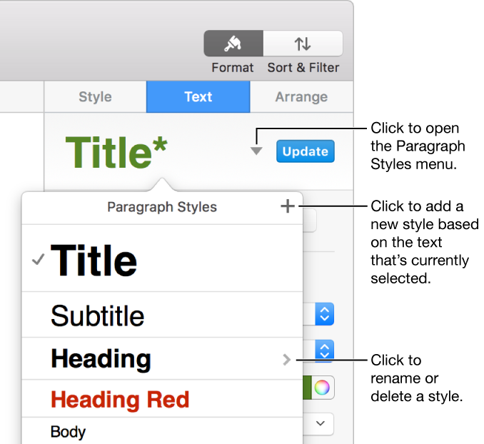 The Paragraph Styles menu, showing controls to add or change a style