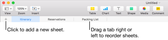 The tab bar for adding a new sheet and reorganizing sheets